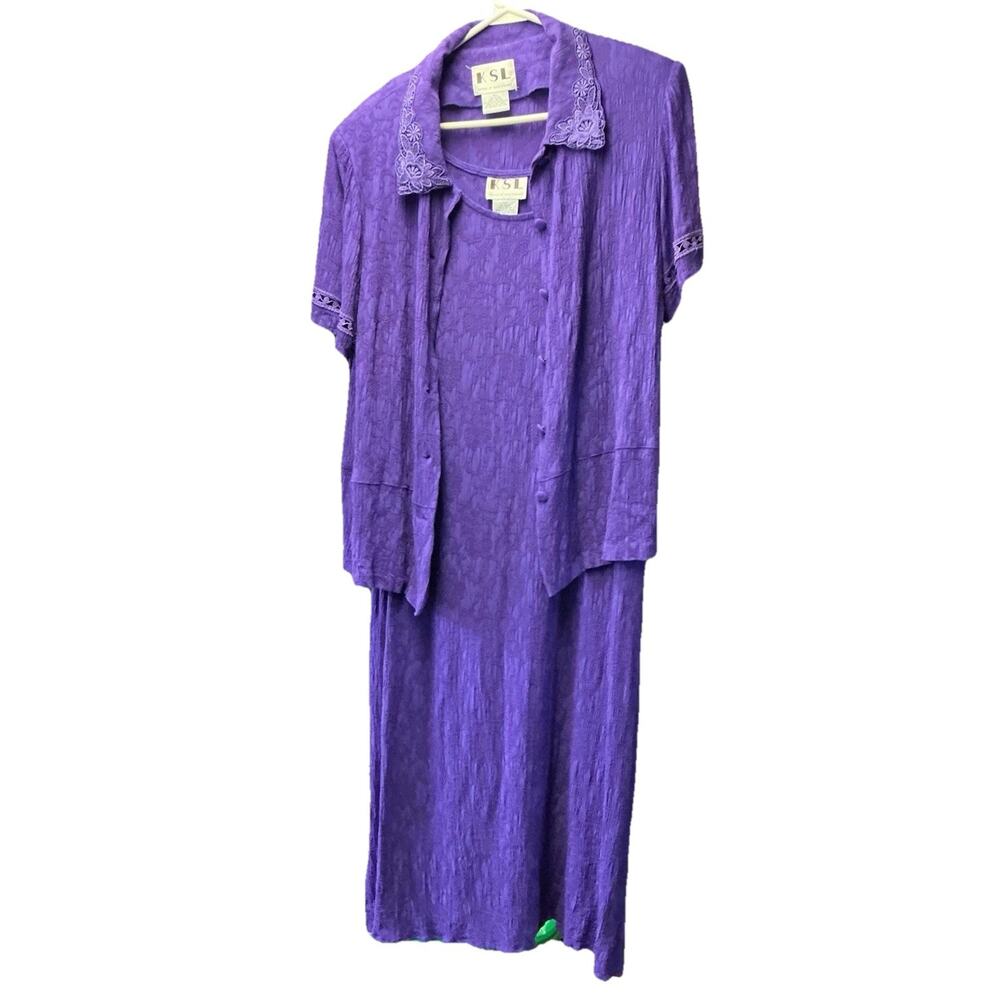 VTG KSL Koret Purple 2pc Sleeveless Dress Set Crinkle Jacket Crochet Women’s 16
